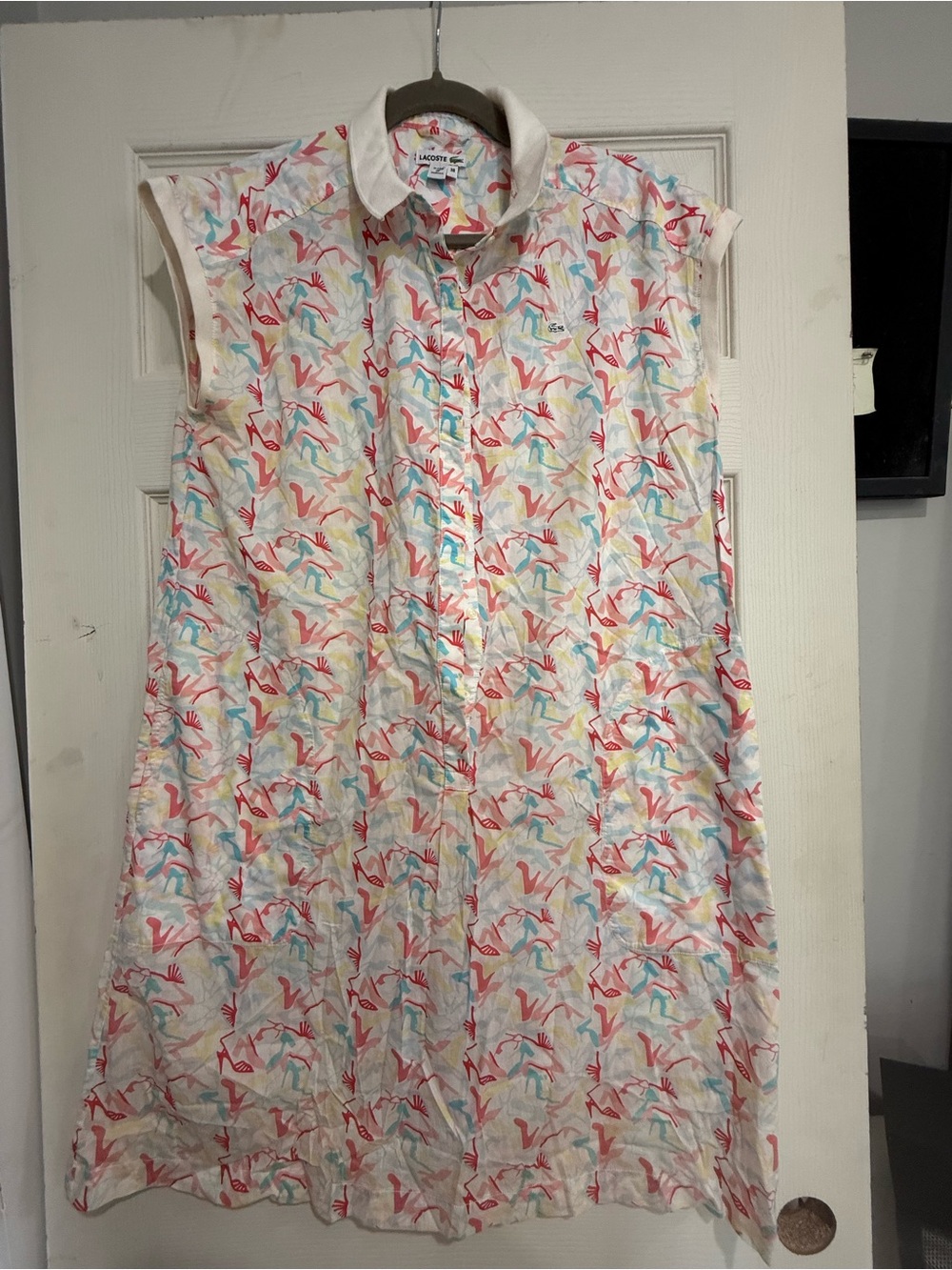 Lacoste White Sleeveless Button-Up Dress with Coral, Aqua & Yellow Bird Print